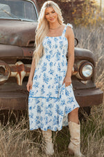 Hazel Blues® |  Sky Blue Floral Print Shirred Knot Shoulder Sleeveless Long Dress