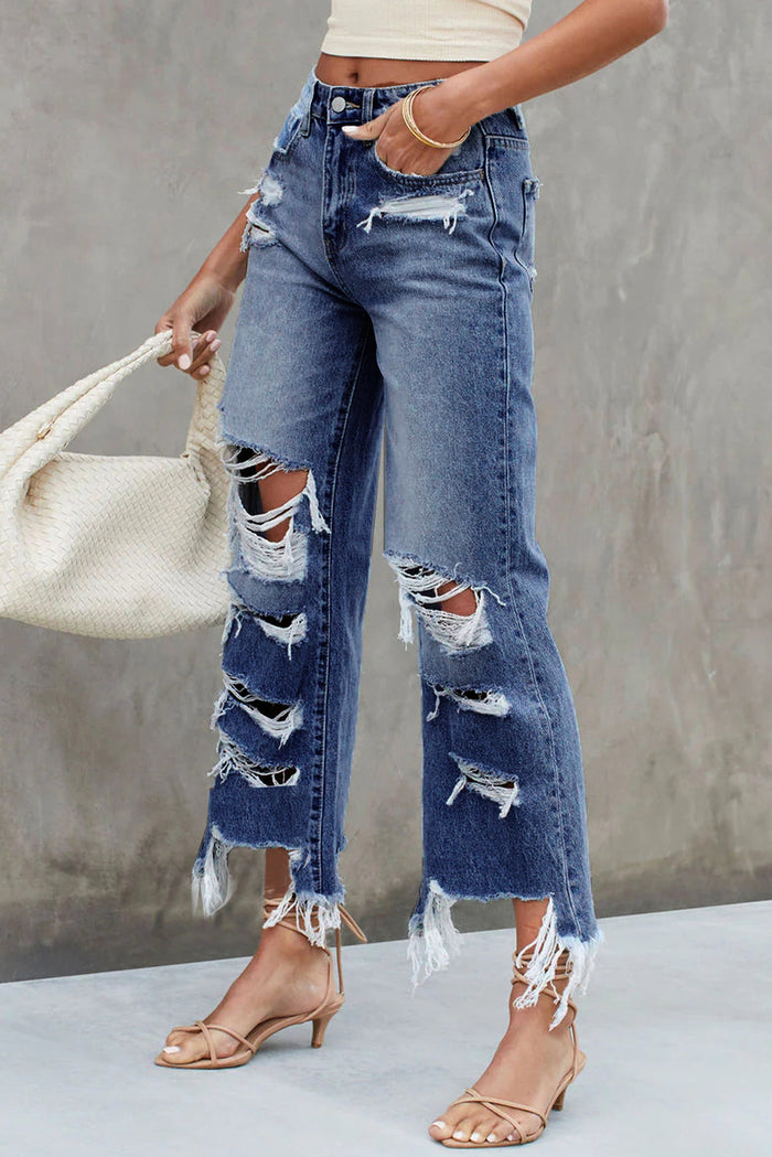 Hazel Blues® |  Heavy Destroyed High Waist Jeans: Medium Wash