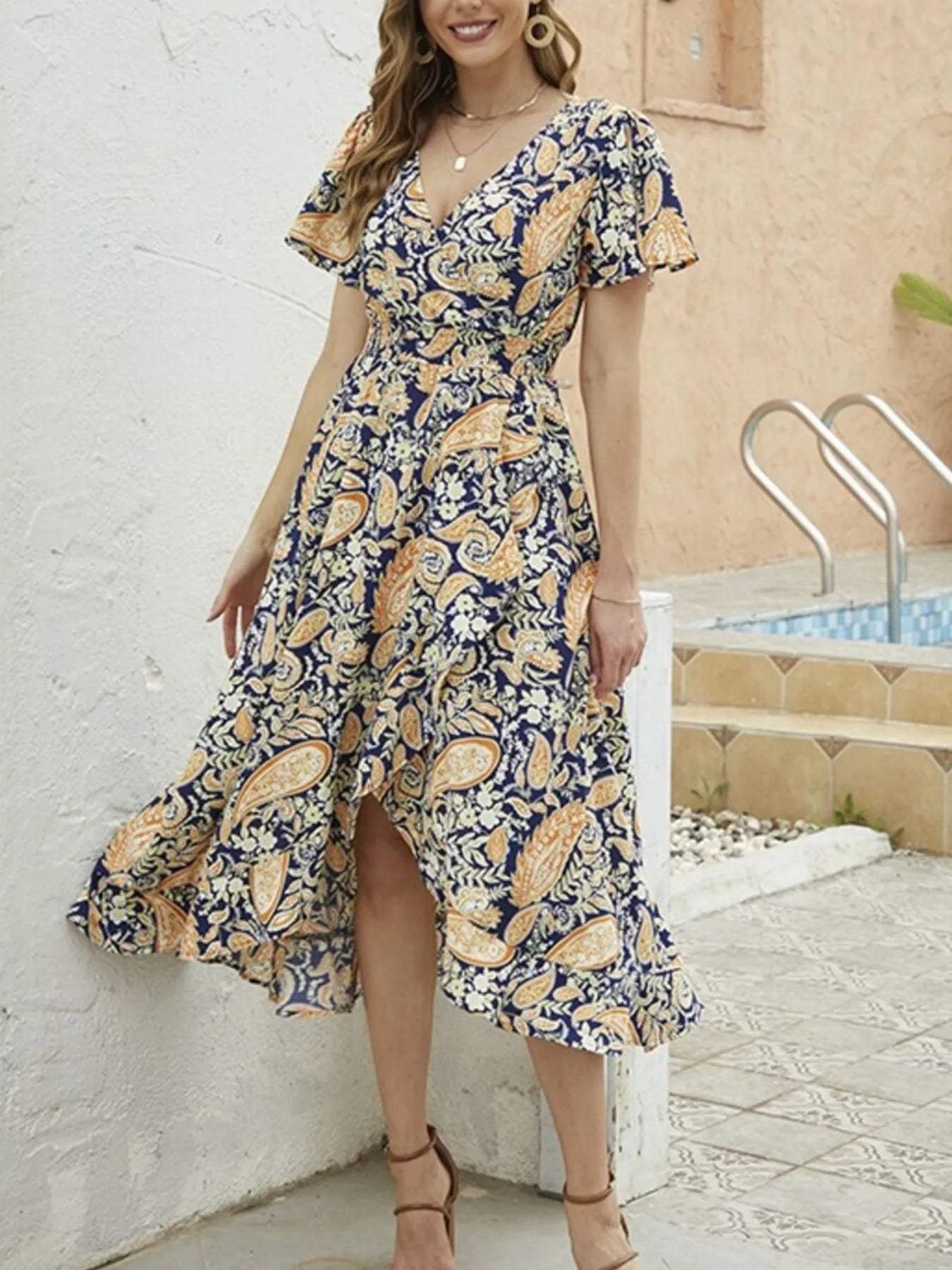 Floral Print Short Sleeve Wrap Midi Dress Orange / XL