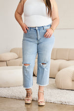 Hazel Blues® |  RFM Tummy Control High Waist Raw Hem Distressed Jeans