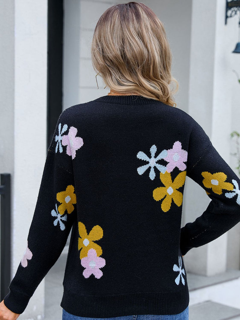 Hazel Blues® |  Flower Round Neck Dropped Shoulder Sweater