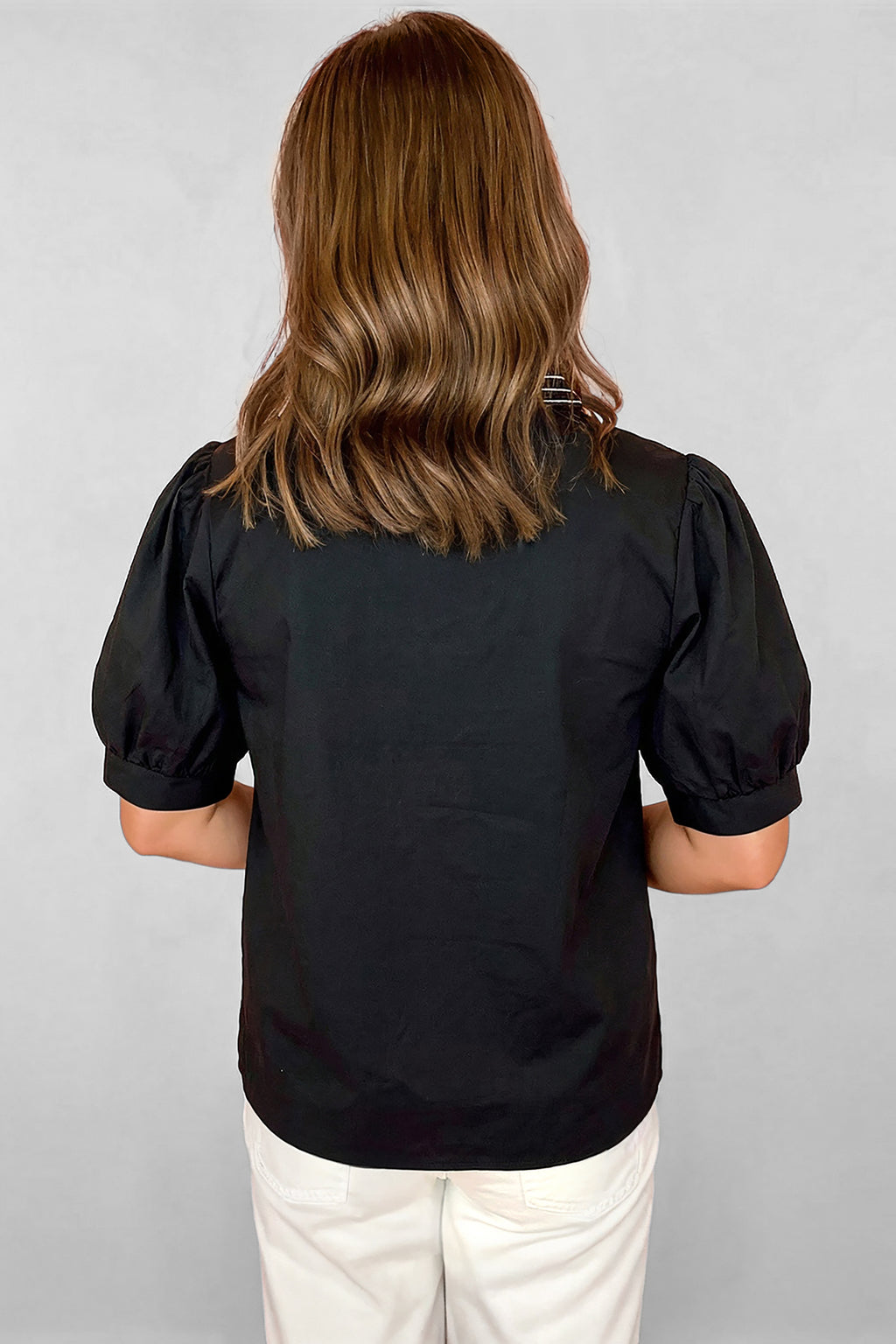 Short Puff Sleeve Contrast Embroidered Detail V-Neck Blouse | Embroidered Puff Sleeve V-Neck Blouse