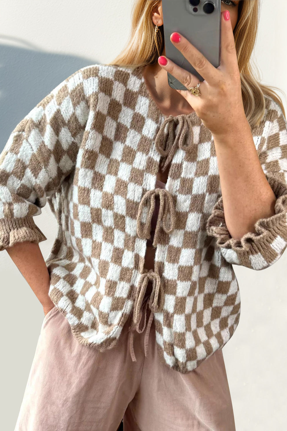 Hazel Blues® |  Double Take Tied Checkered Dropped Shoulder Flounce Sleeve Cardigan