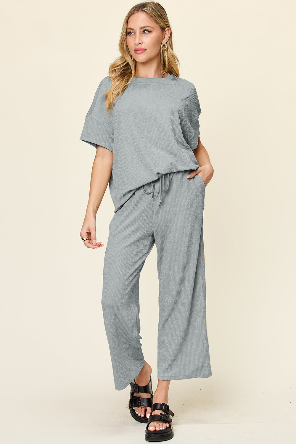 Hazel Blues® |  Double Take Texture Round Neck Short Sleeve T-Shirt and Wide Leg Pants