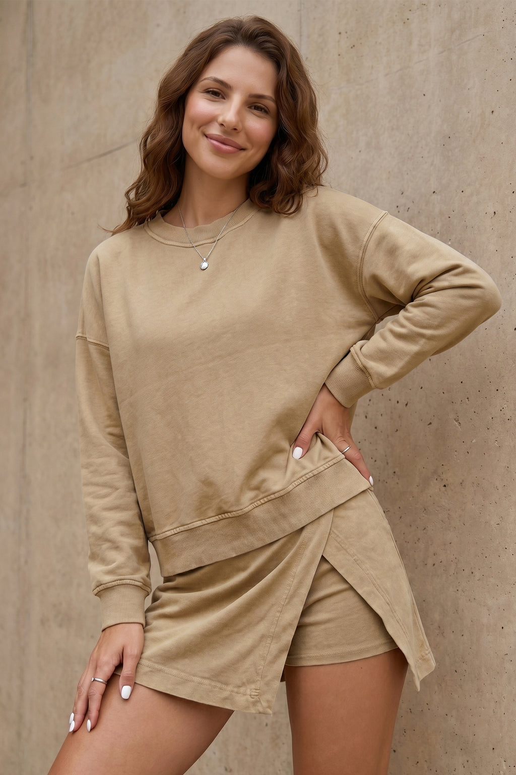 Top Split Long Sleeve Skort Two-Piece Outfit | Long Sleeve Skort