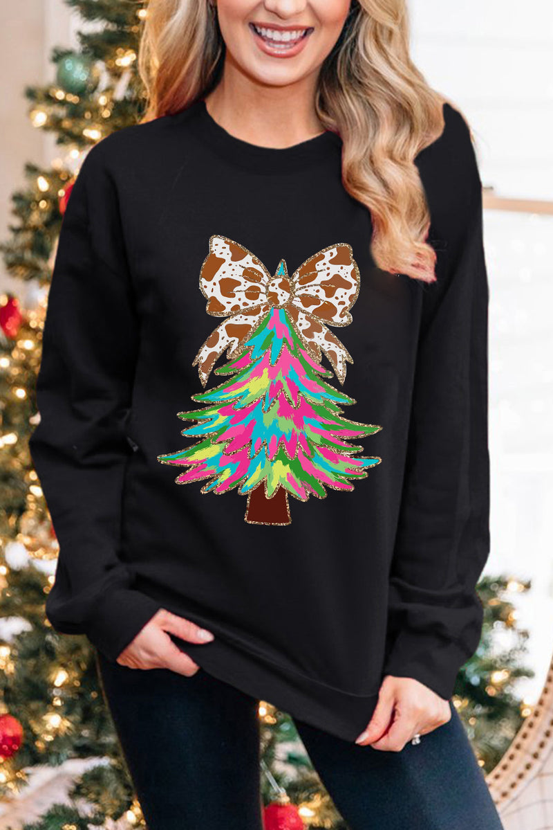 Hazel Blues® |  Black Bowknot Christmas Tree Shiny Graphic Sweatshirt