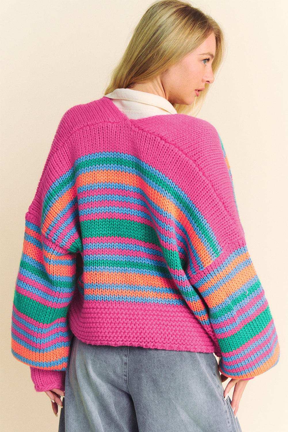 Rose Stripe Colorful Puff-Sleeve Drop-Shoulder Loose Cardigan