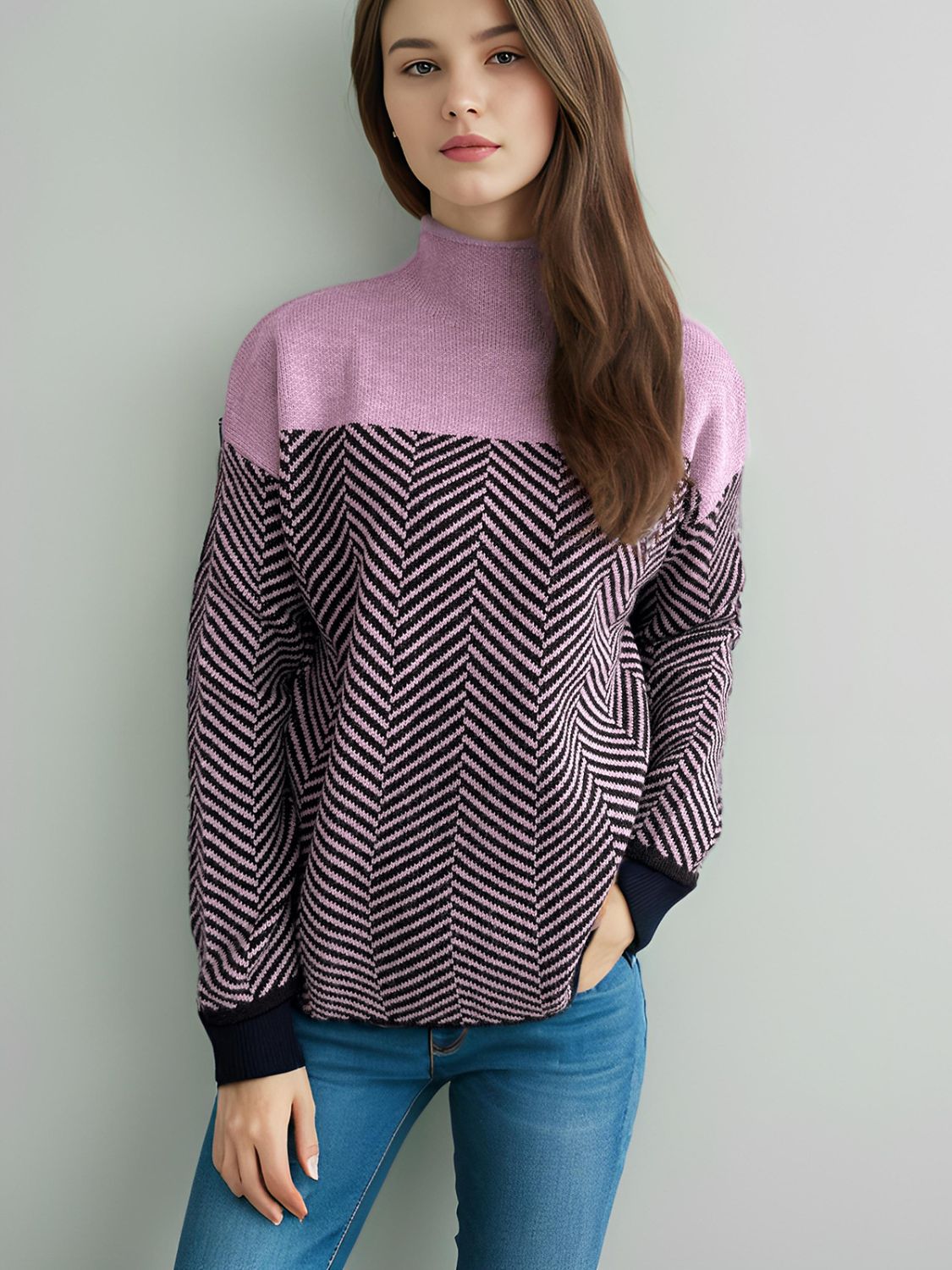 Hazel Blues® |  Contrast Turtleneck Long Sleeve Sweater