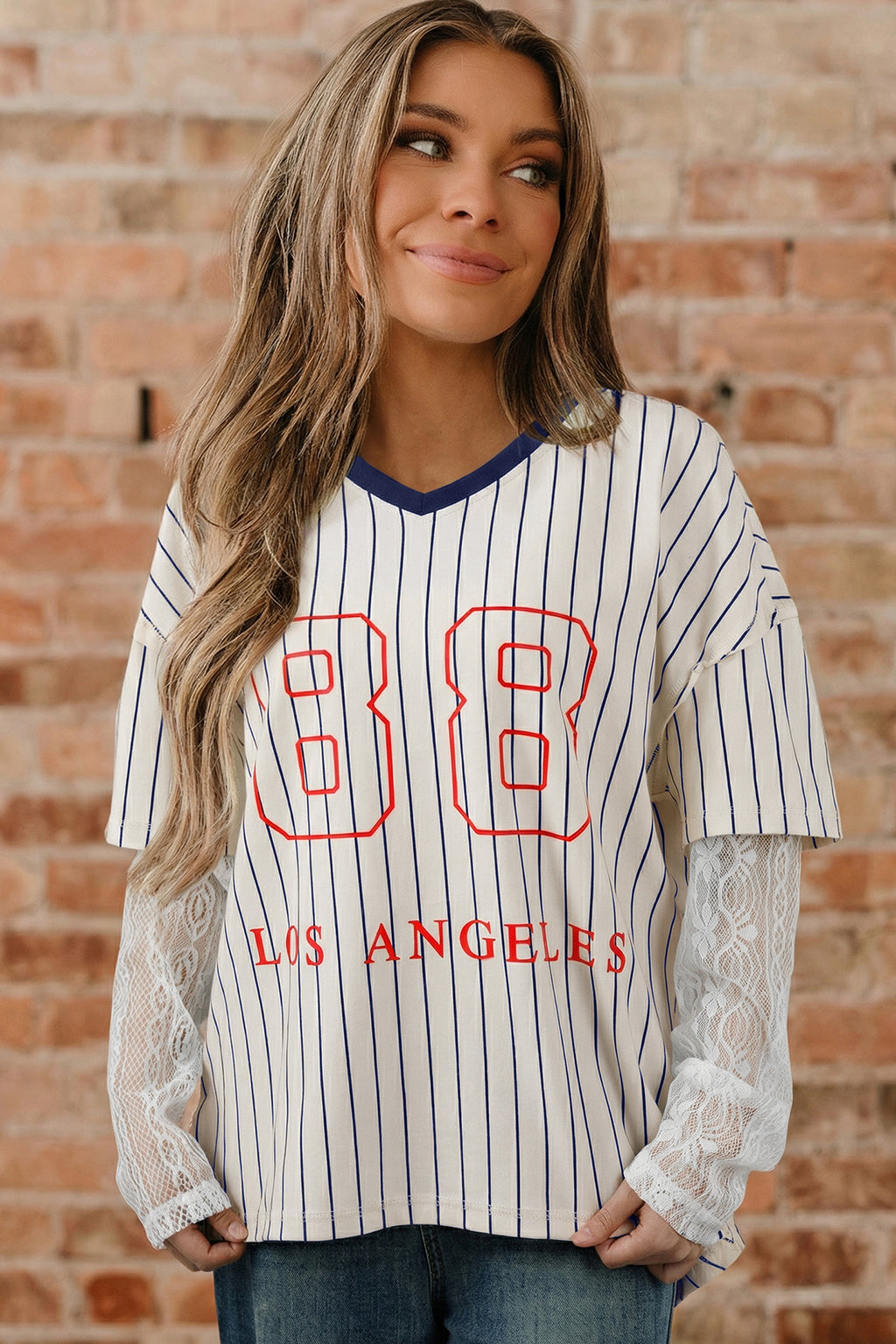88 LOS ANGEL Graphic Lace Patchwork Faux Two-Piece V-Neck Top