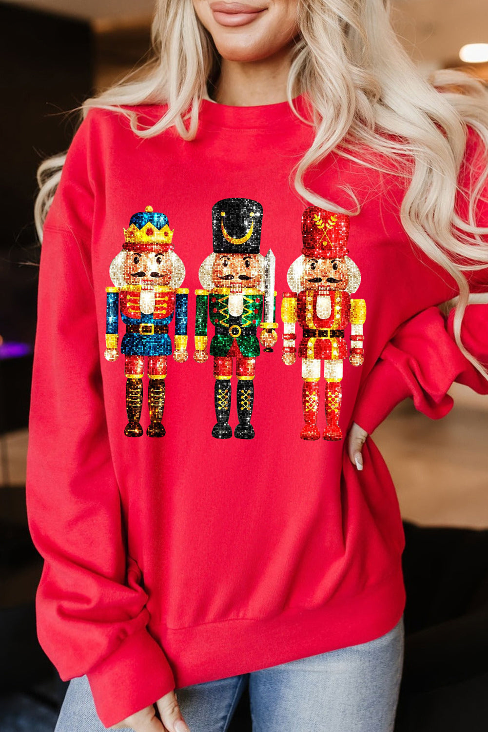 Hazel Blues® |  Red Christmas Metallic Nutcracker Graphic Crew Neck Sweatshirt