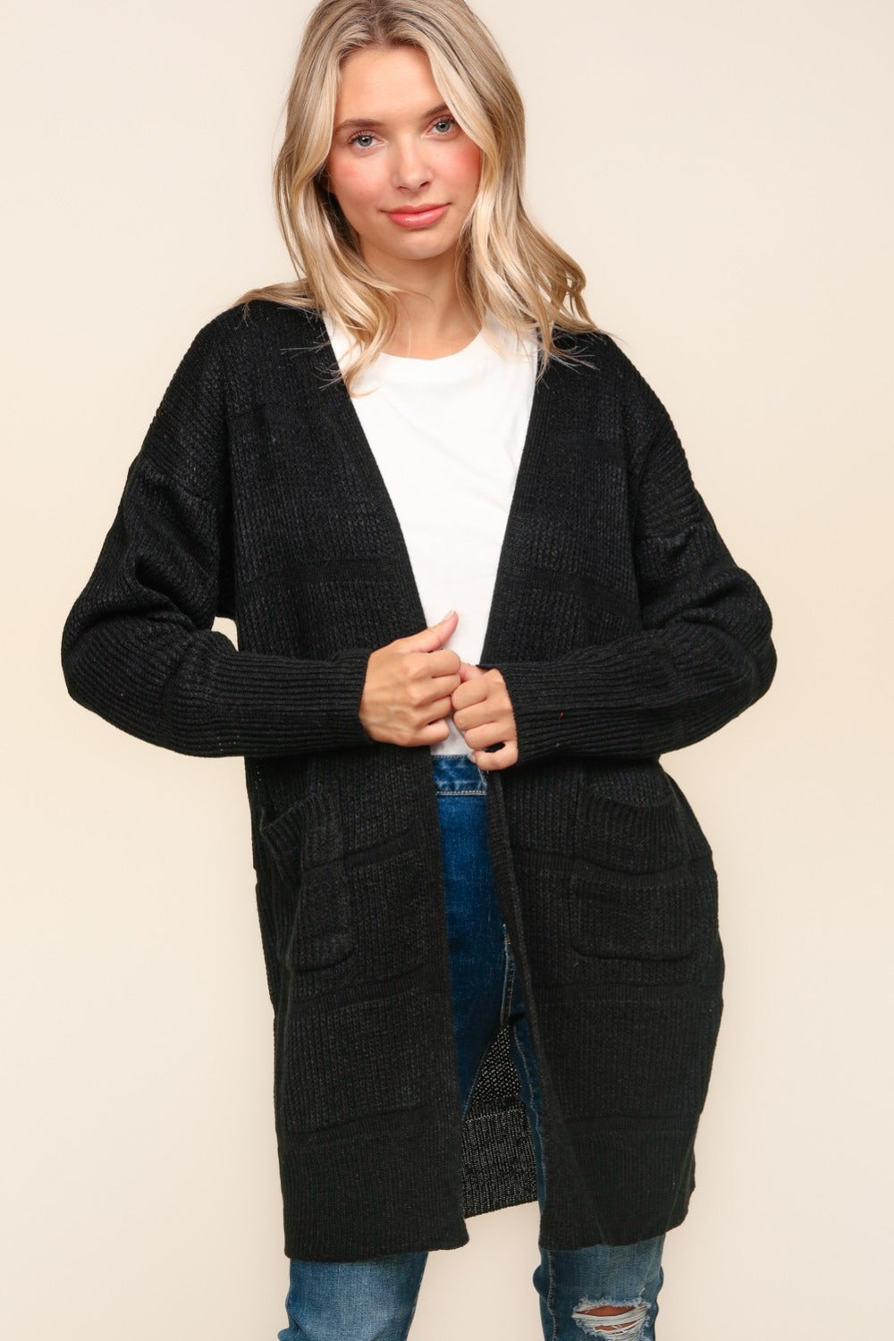 Hazel Blues® |  Haptics Stripe Textured Open Front Cardigan with Pockets