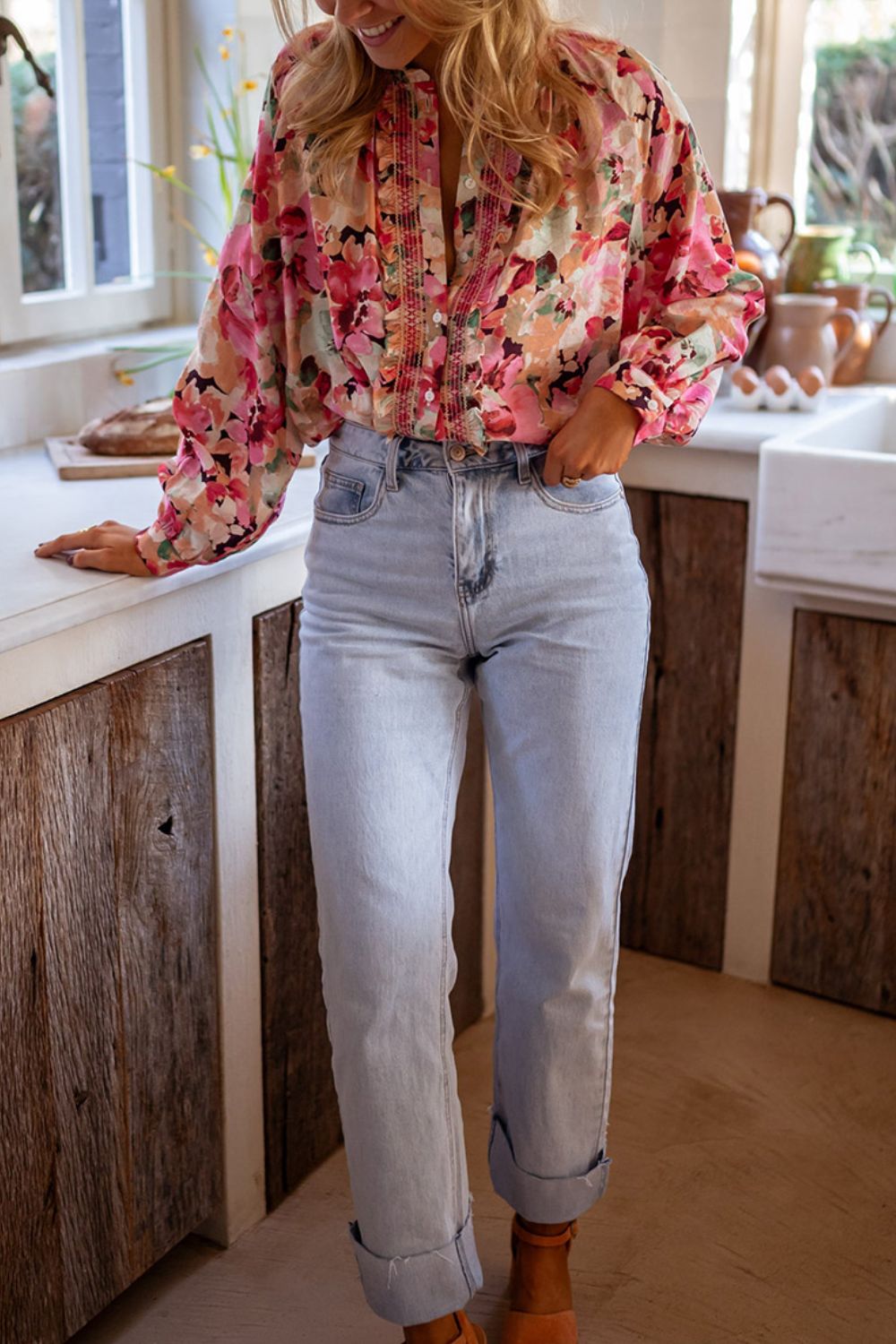 Hazel Blues® |  Frill Floral Button Down Long Sleeve Shirt