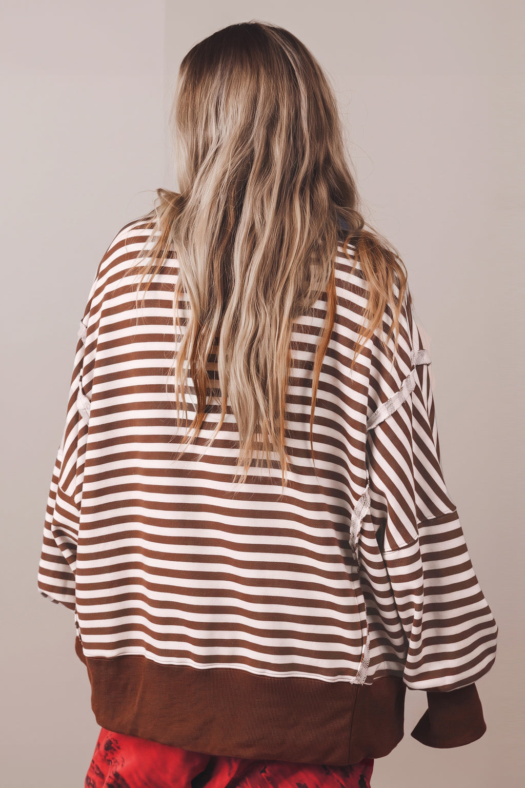 Lillian Rae Brown Stripe Color-Block Trim Raw Seam Split Hem Loose Pullover Sweatshirt
