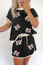 Hazel Blues® |  Black Sequin Football Bow Patched Colorblock Edge Tee and Skort Set