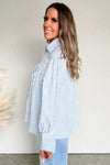 Hazel Blues® |  Sky Blue Stripe Shirred Detail Half Placket Collared Long Sleeve Fall Shirt