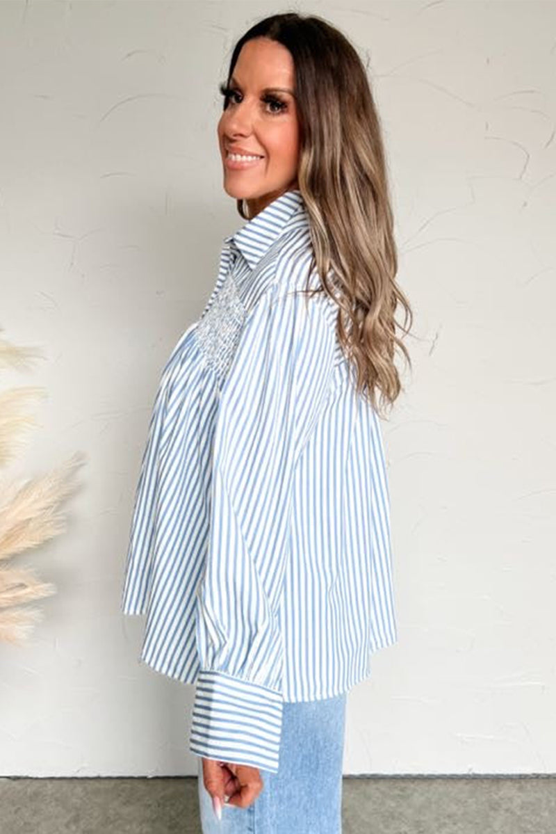 Hazel Blues® |  Sky Blue Stripe Shirred Detail Half Placket Collared Long Sleeve Fall Shirt