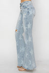 Hazel Blues® |  RISEN Mid Rise Button Fly Start Print Flare Jeans