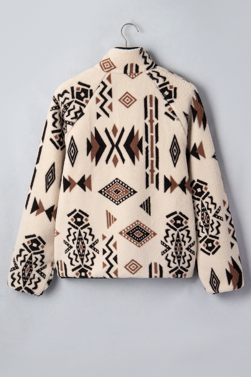 Beige Geometric-Print Long-Sleeve Shirt Collar Zip-Up Placket Binding Tape Jacket