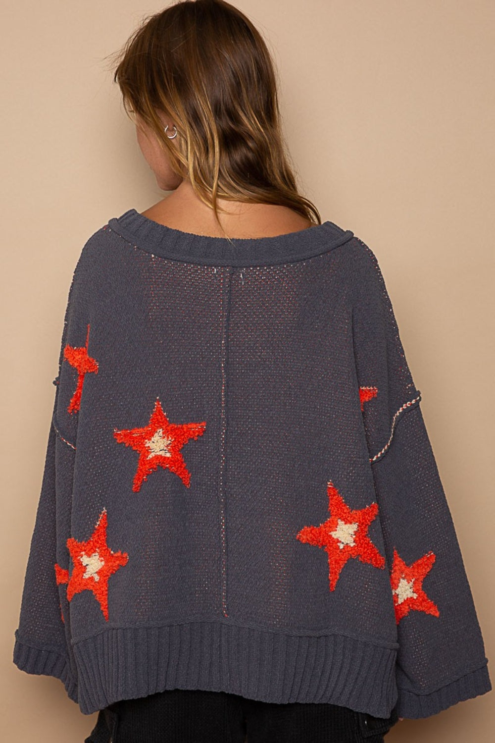 Hazel Blues® |  POL Long Sleeve Star Patch Sweater