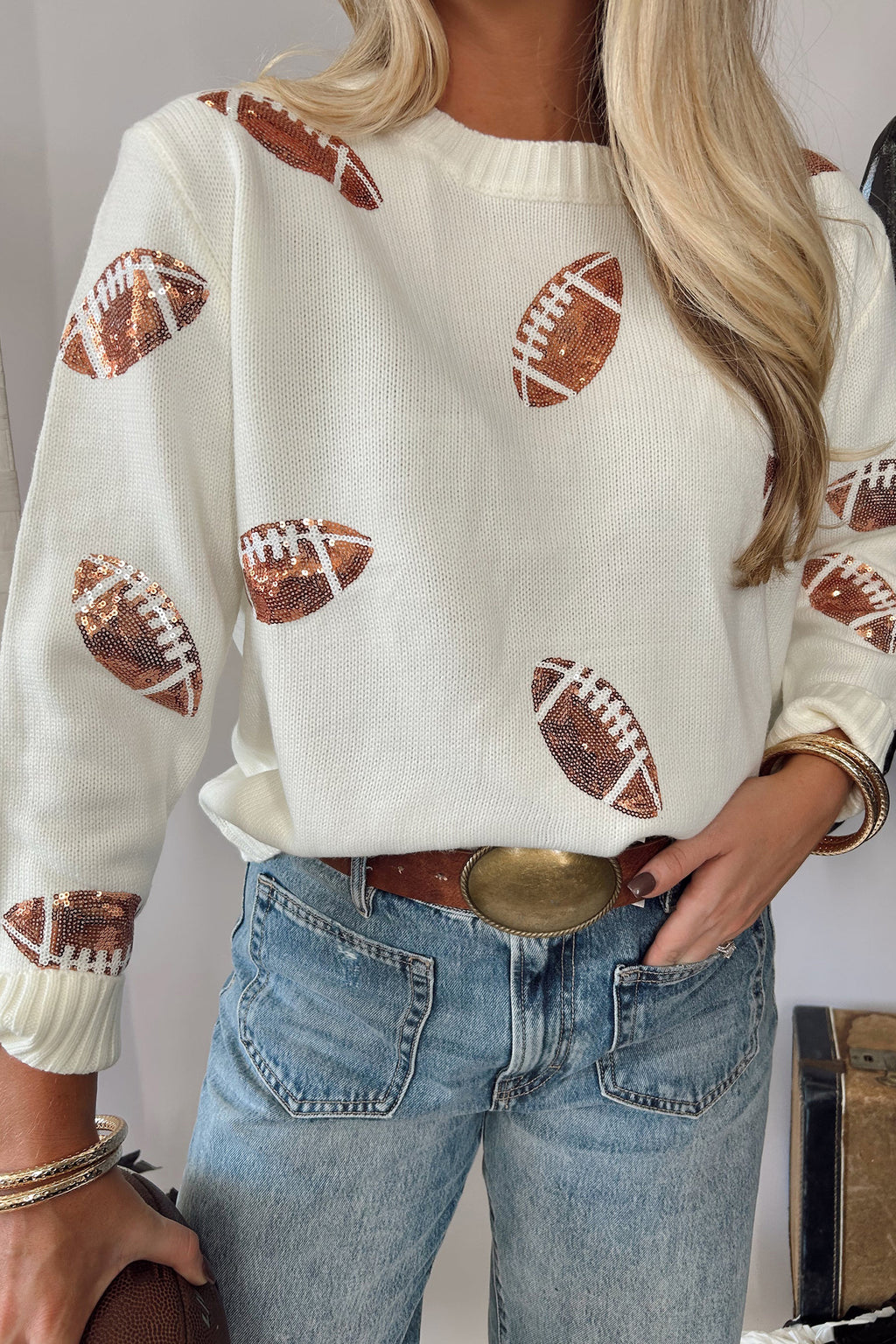 Sequin Football Print Round Neck Long Sleeve Loose Fit Sweater | Long Sleeve Round Neck Cardigan