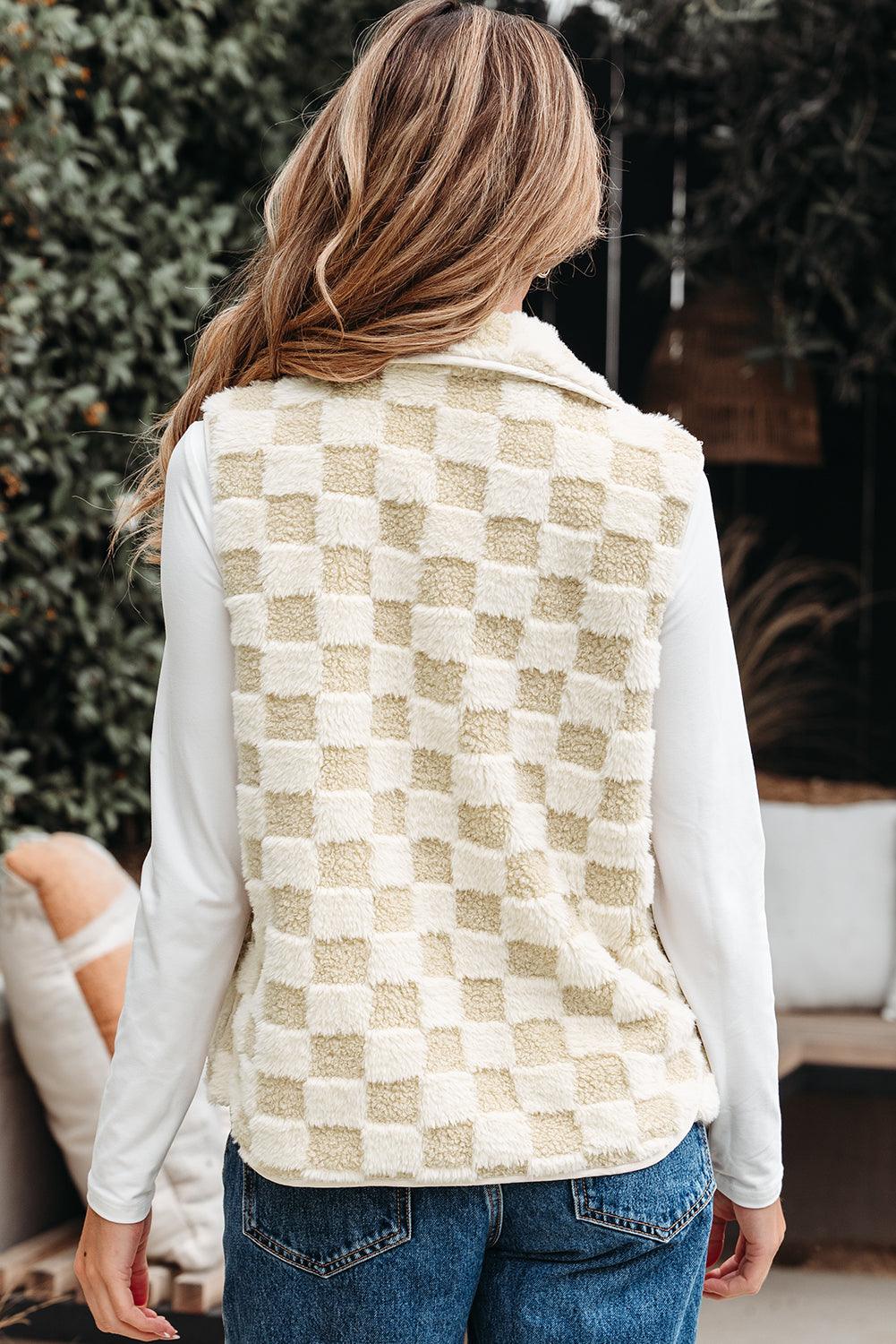 Khaki Sherpa Checkerboard Snap-Button Vest Jacket With Pocket