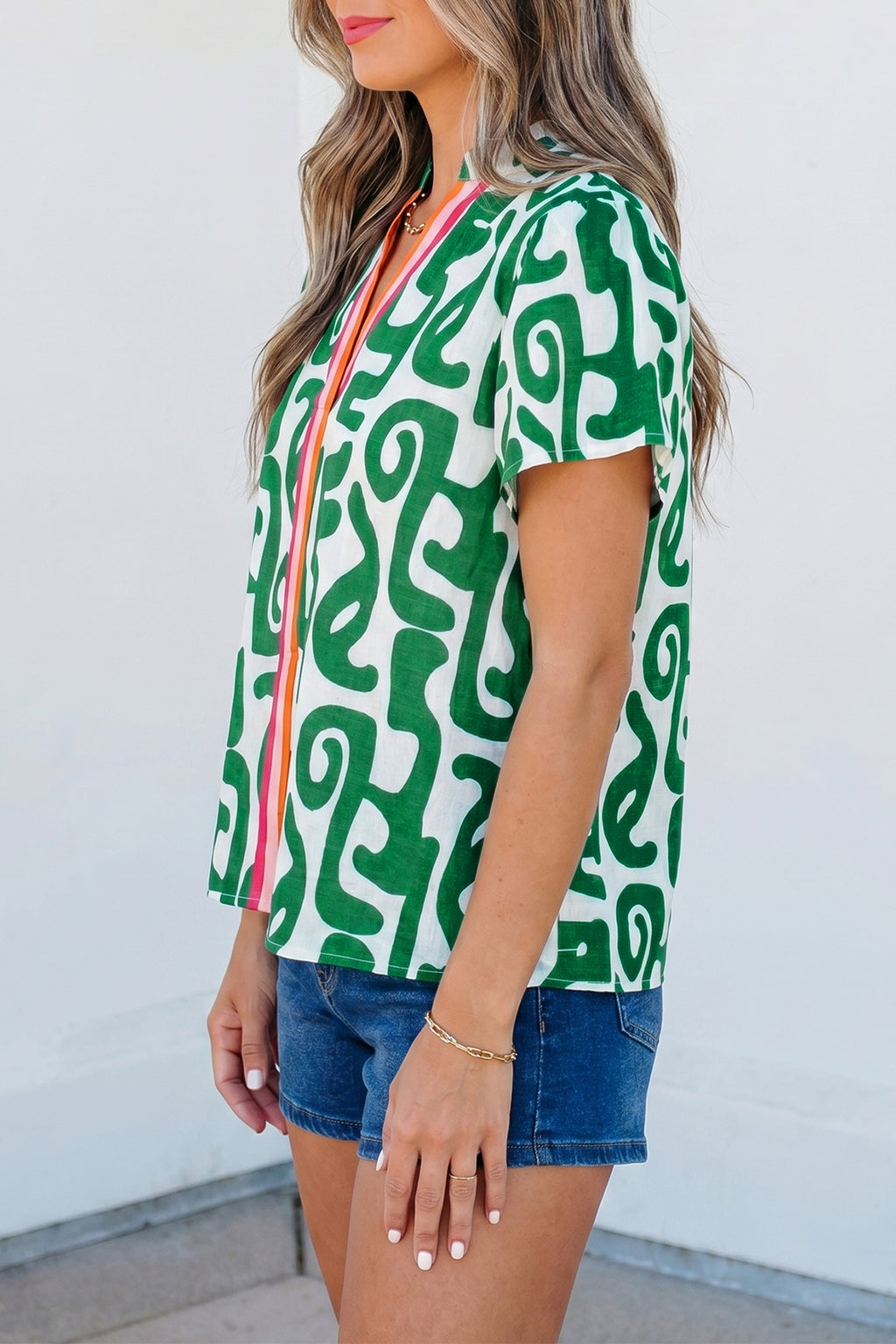 Green Abstract Print Striped Trim V-Neck Short-Sleeve Blouse