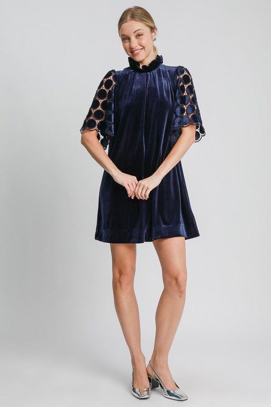 Hazel Blues® |  Umgee Dotted Lace Half Sleeve Mock Neck Back Tie Velvet Dress