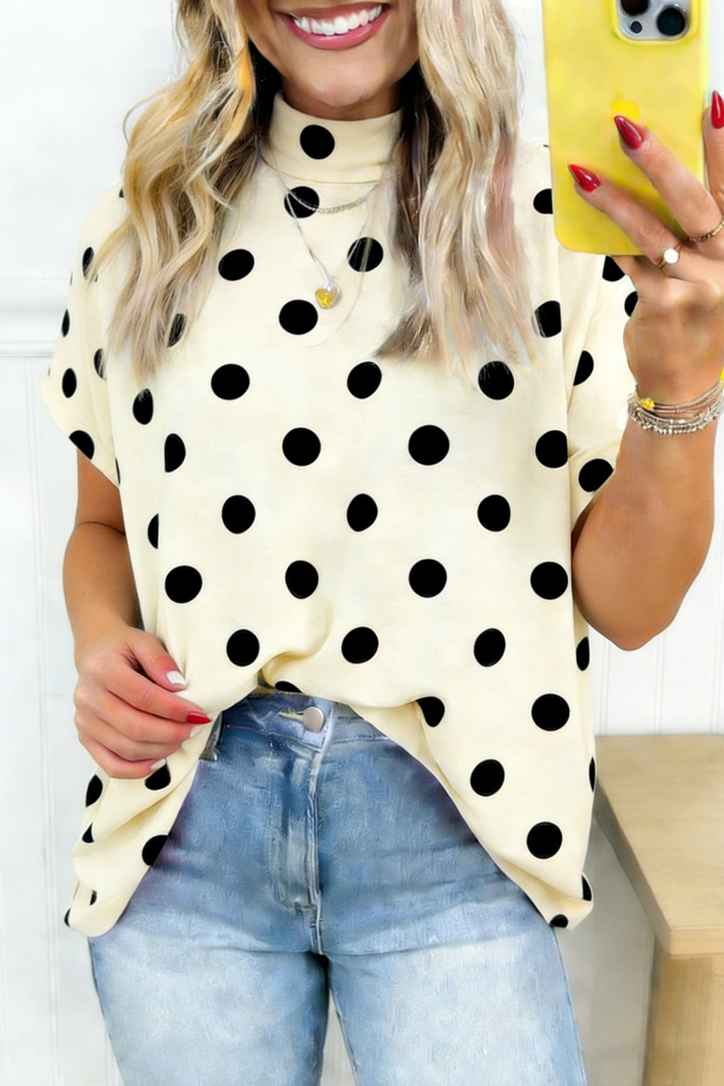 Hazel Blues® |  Beige Polka Dot Print High Neck Dolman Top
