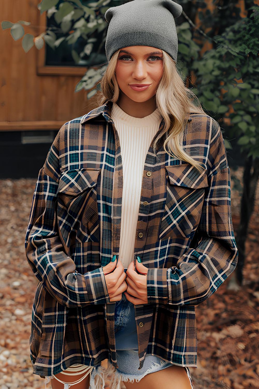 Hazel Blues® |  Plaid Collared Neck Button Up Jacket