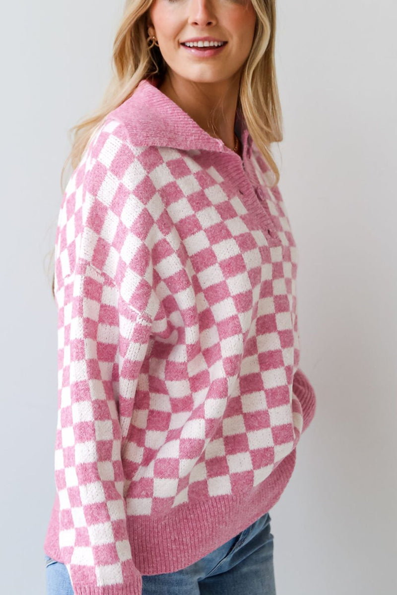 Hazel Blues® |  Checkered Collared Neck Long Sleeve Sweater