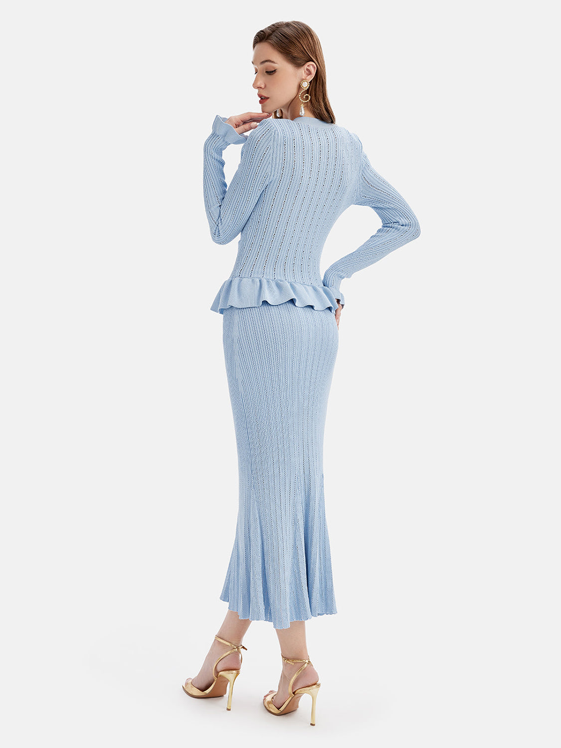 Hazel Blues® |  Ruffled V-Neck Top and Midi Skirt Sweater Set