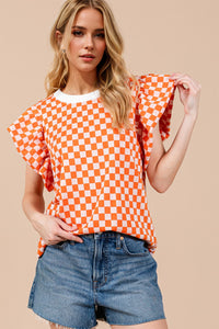 Hazel Blues® |  OH Checkered Round Neck Puff Sleeve Blouse