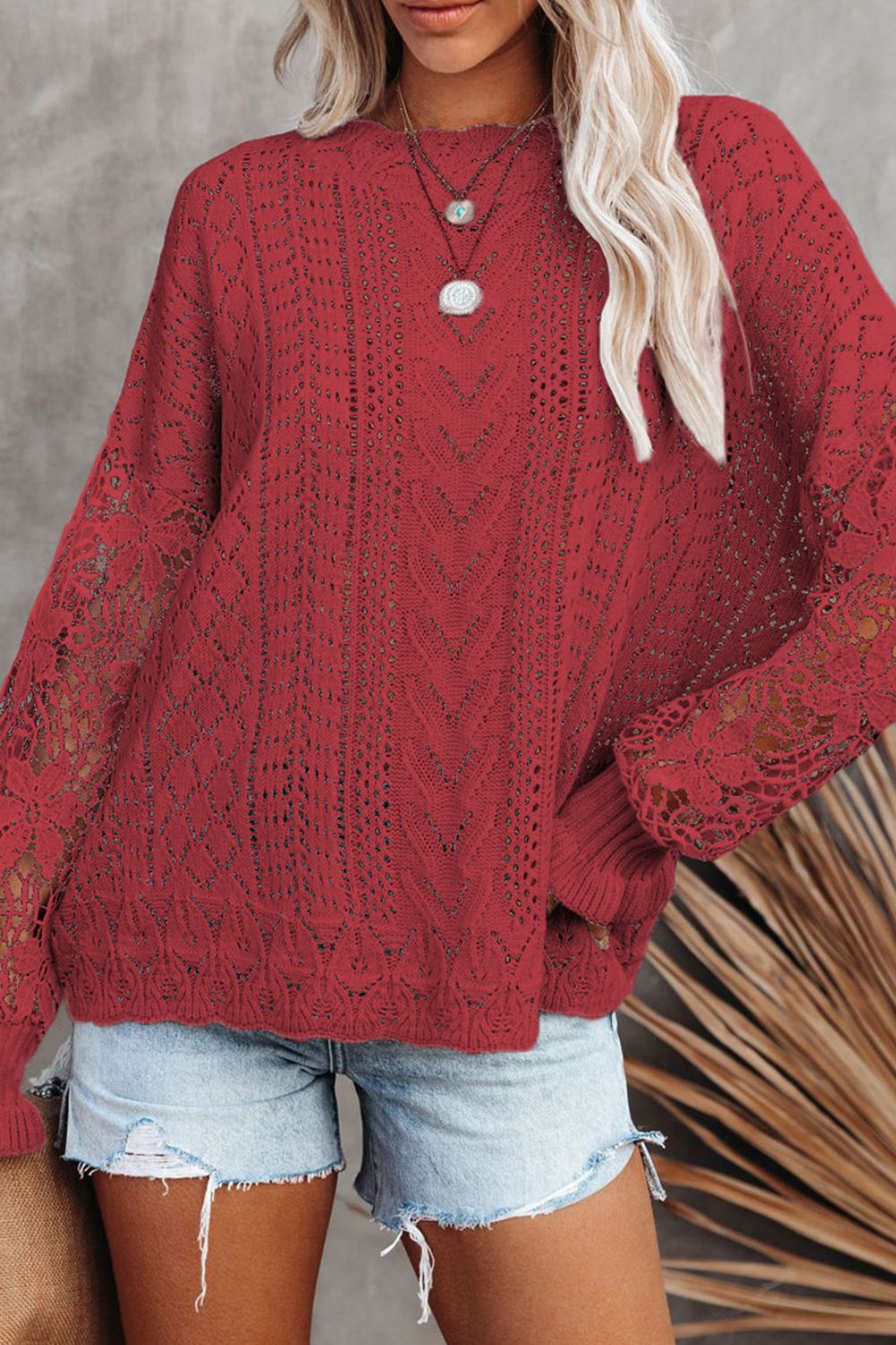 Hazel Blues® |  Openwork Round Neck Long Sleeve Sweater