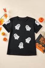 Hazel Blues® |  Black Glitter Ghost Pattern Crew Neck Halloween T Shirt