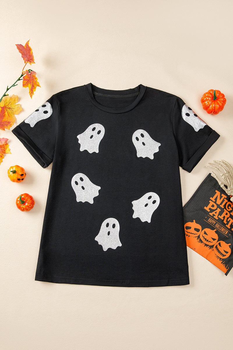 Hazel Blues® |  Black Glitter Ghost Pattern Crew Neck Halloween T Shirt