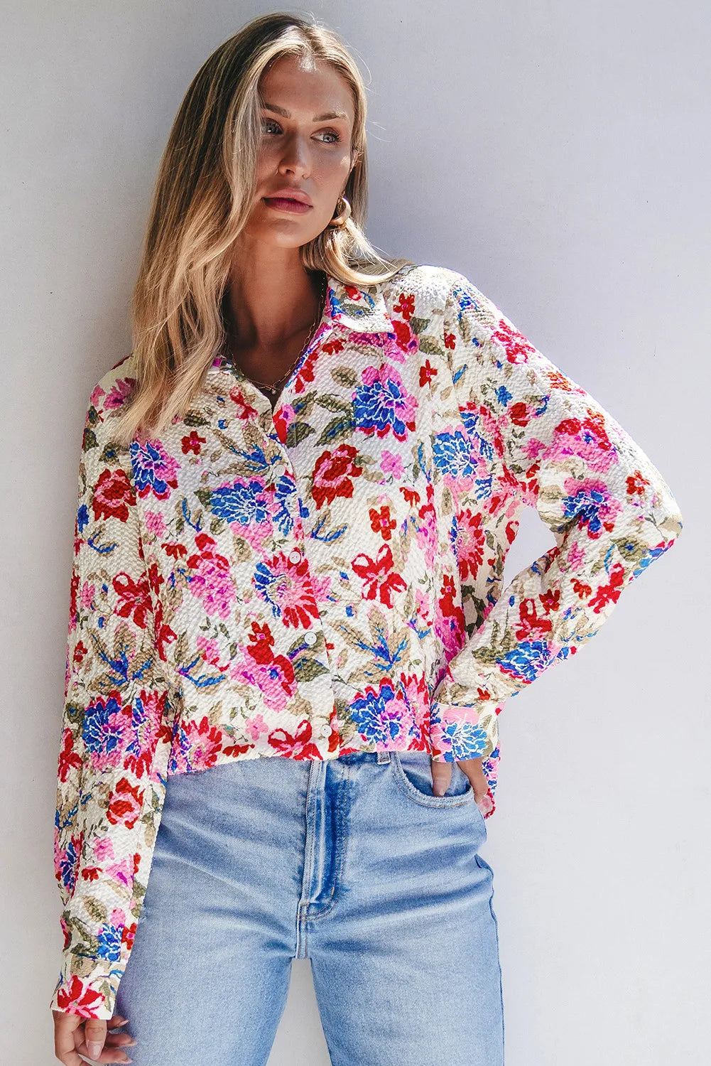 Hazel Blues® |  Floral Collared Neck Long Sleeve Shirt