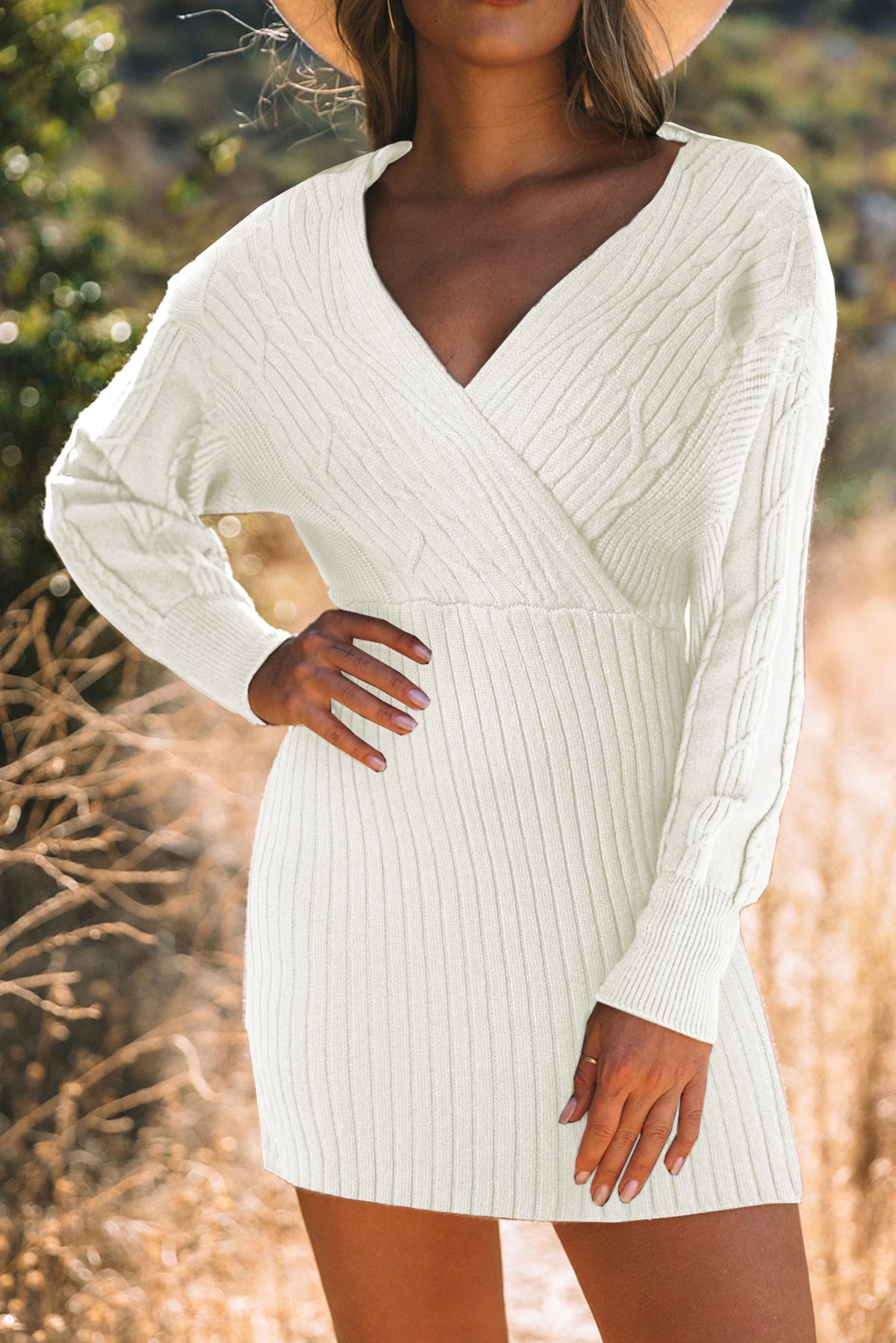 Hazel Blues® |  Cable-Knit Surplice Lantern Sleeve Sweater Dress