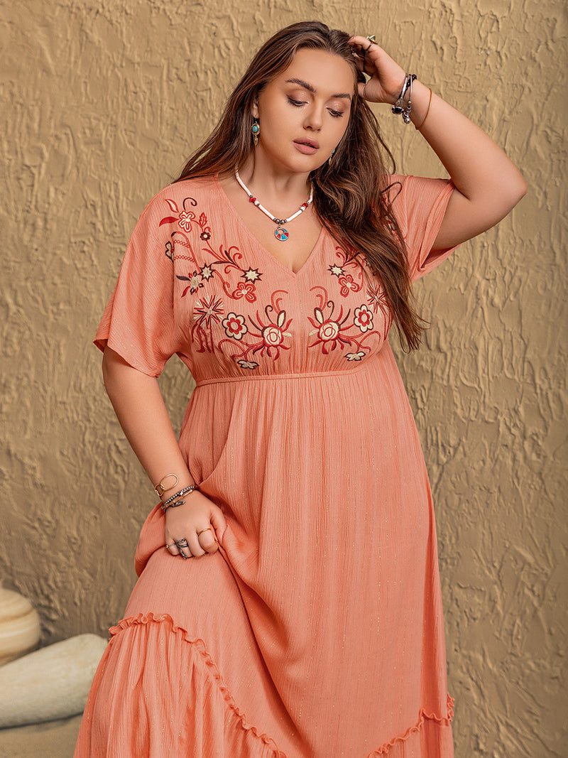 Hazel Blues® | Frill Embroidered V-Neck Half Sleeve Maxi Dress