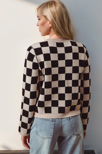 Hazel Blues® |  Double Take Checkered Tie Front Long Sleeve Cardigan