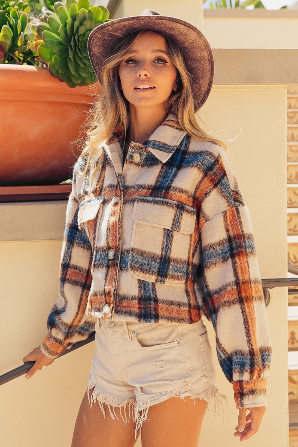 Hazel Blues® |  BiBi Brushed Plaid Crop Jacket with Pockets