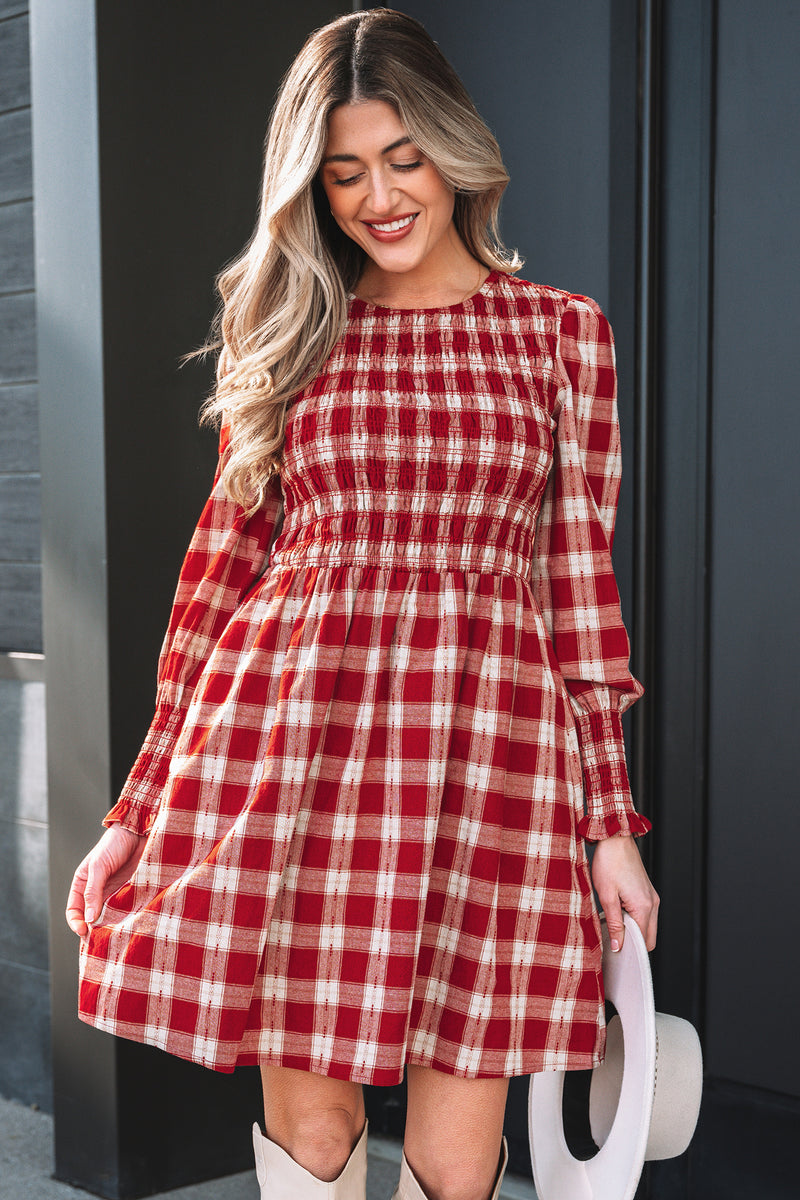 Red Plaid Print Smocked Puff-Sleeve Mini Dress – Hazel Blues®