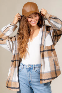 Hazel Blues® |  Drawstring Plaid Dropped Shoulder Hooded Shacket