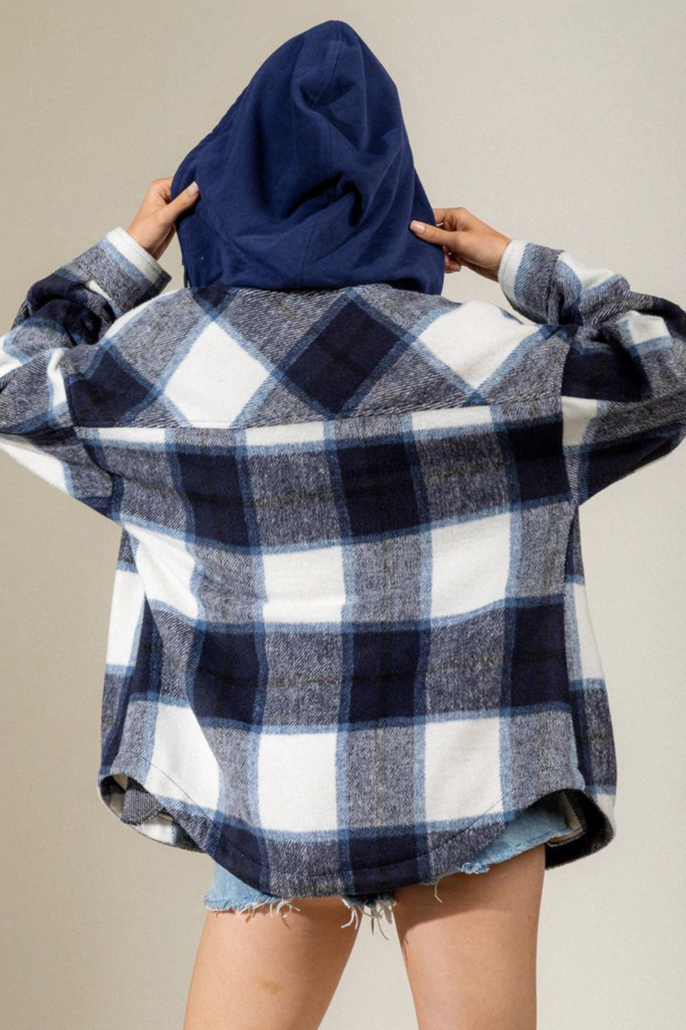 Hazel Blues® |  Drawstring Plaid Dropped Shoulder Hooded Shacket