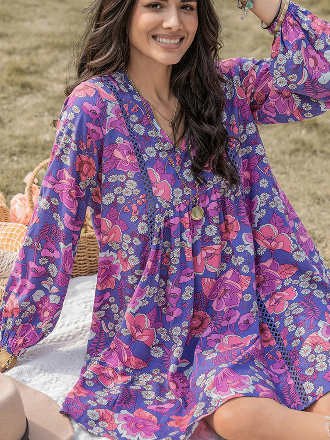 Hazel Blues® |  Floral Ruched V-Neck Long Sleeve Dress