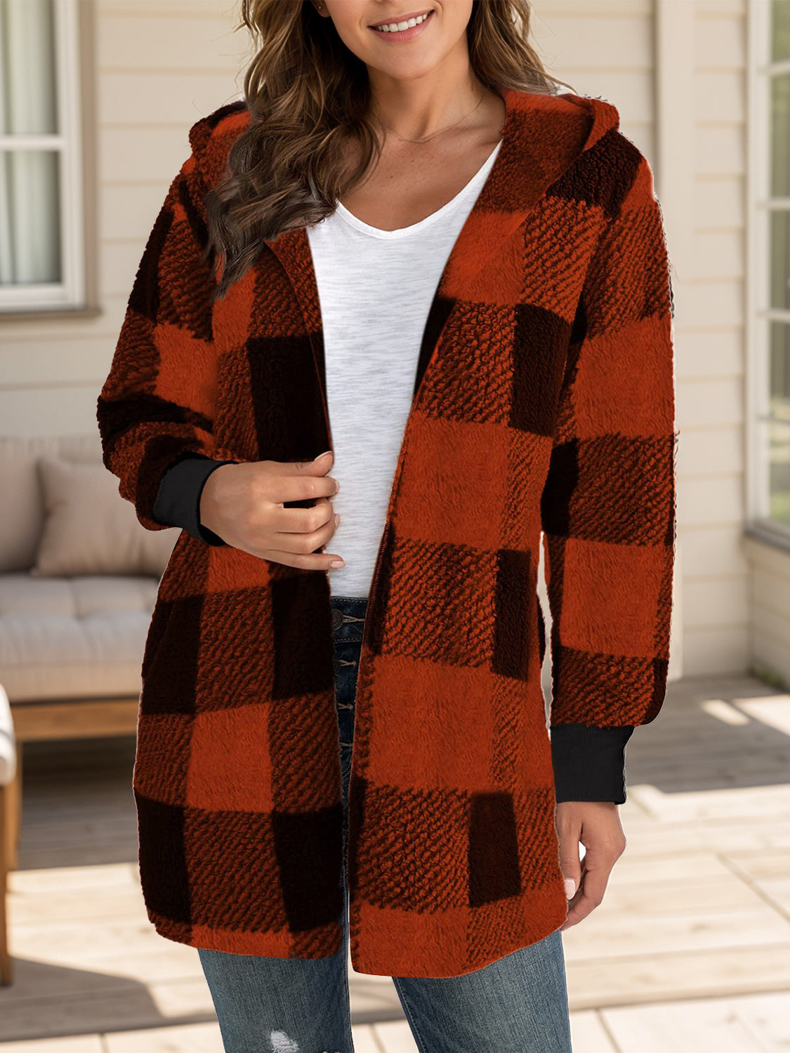 Hazel Blues® |  Plaid Long Sleeve Hooded Coat