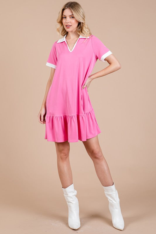 Hazel Blues® |  Ces Femme Ruffled Hem Johnny Collar Short Sleeve Dress