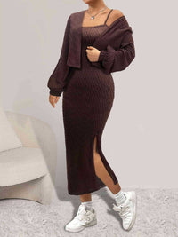 Hazel Blues® |  Open Front Long Sleeve Cardigan and Side Slit Cami Dress Set