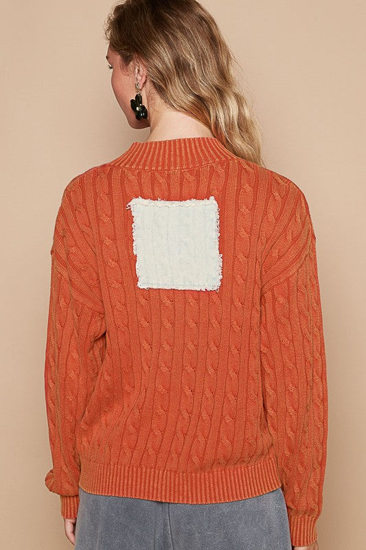 Hazel Blues® |  POL Cable-Knit Peace Patch Dropped Shoulder Sweater