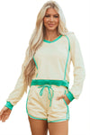 Hazel Blues® |  White Contrast Trim Colorblock Long Sleeve Pullover and Drawstring Shorts 2pcs Outfit