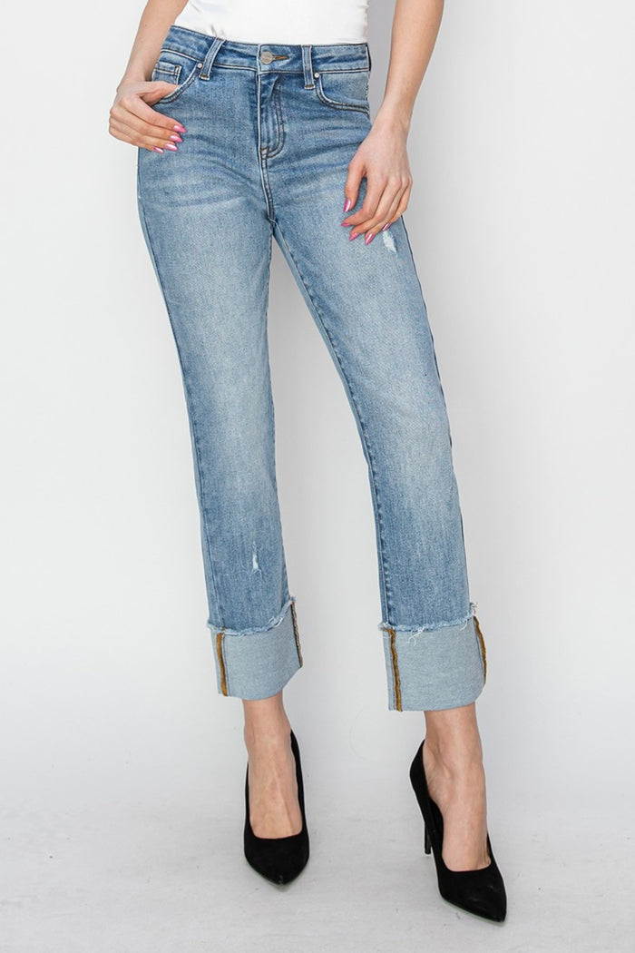 Hazel Blues® |  RISEN High Rise Cuffed Slim Straight Jeans